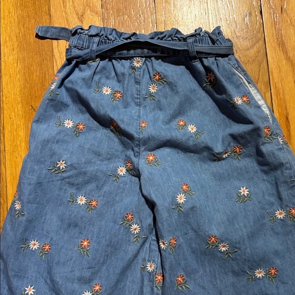 Mini Boden Floral Embroidered Blue Tie Waist Denim Culotte Pants - Picture 5 of 7